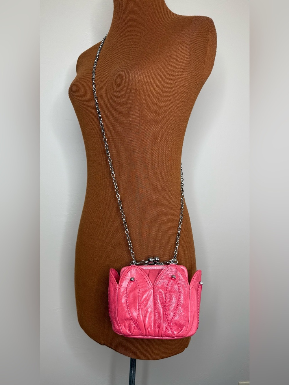 Brighton Flamingo Pink Leather "Pick Me" Lg Coin Bag Removeable Silver Chain Vtg